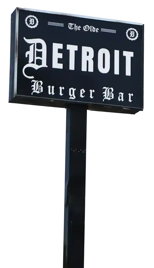 The Olde Detroit Burger Bar Exterior Sign on Baldwin in Lake Orion, Michigan